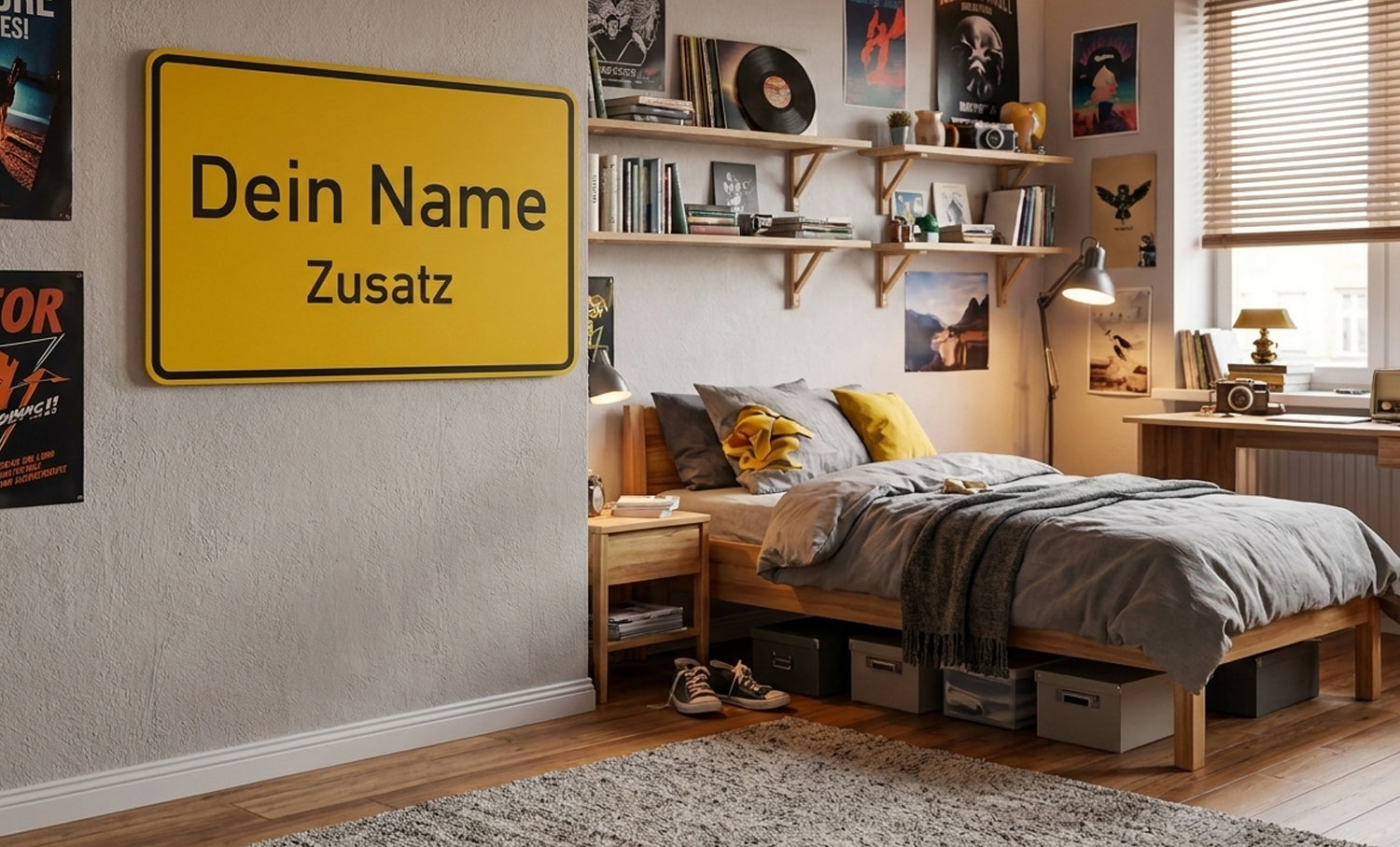 Schlafzimmer mit personalisiertem gelbem Wandschild im Stil eines Ortseingangsschilds.